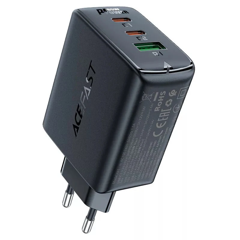 Сетевое зарядное устройство ACEFAST A41 65W GaN USB-C+USB-C+USB Черный